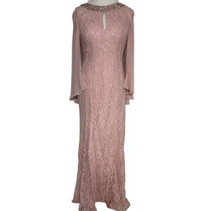 SLNY Long Blush Pink Lace Gown  Sequins & Sheer Capelet Women's 6 Formal Mother
